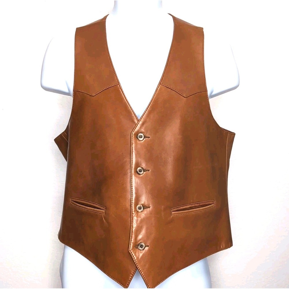 Vtg Remy Leather Fashions Leather Vest Mens 42 Cognac Brown Western USA
